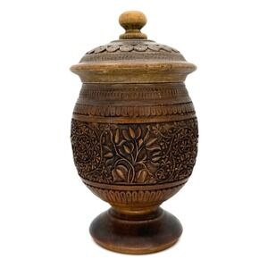 Vintage Carved Wood Humidor Trinket Box Jar with Lid Floral Botanical‎ Cannister
